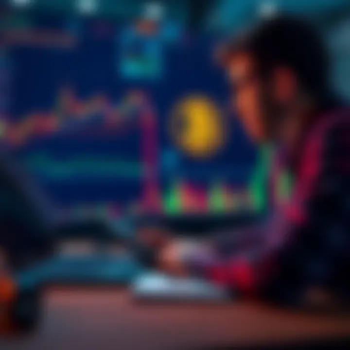 A person looking at Bitcoin charts and analyzing investment options with a calculator and laptop in front of them.