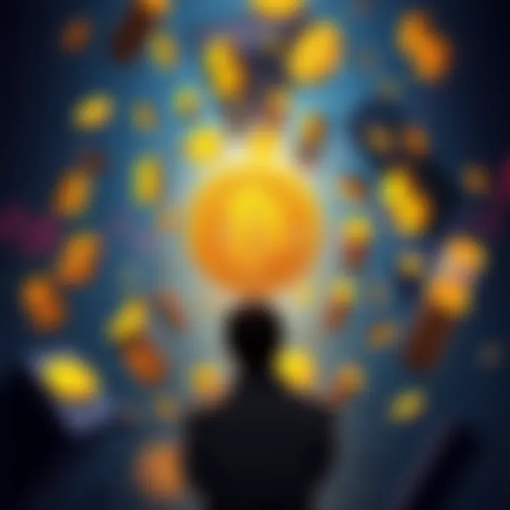 A person considering investment in Bitcoin, surrounded by charts and dollar signs, illustrating the concept of dollar cost averaging.