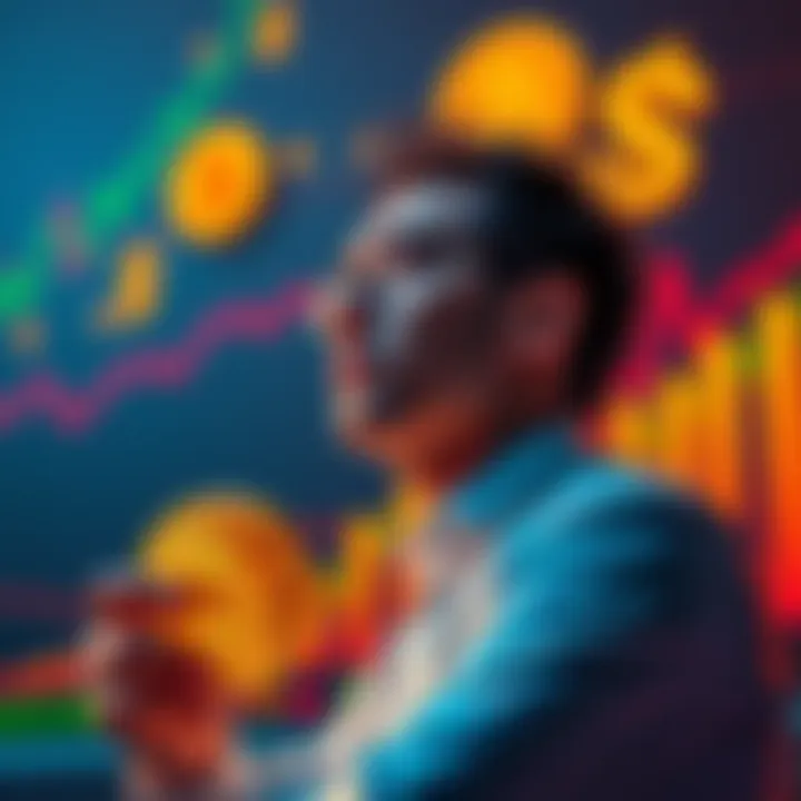 An investor contemplating purchasing Bitcoin, with charts and dollar signs in the background, representing financial growth and inflation concerns.