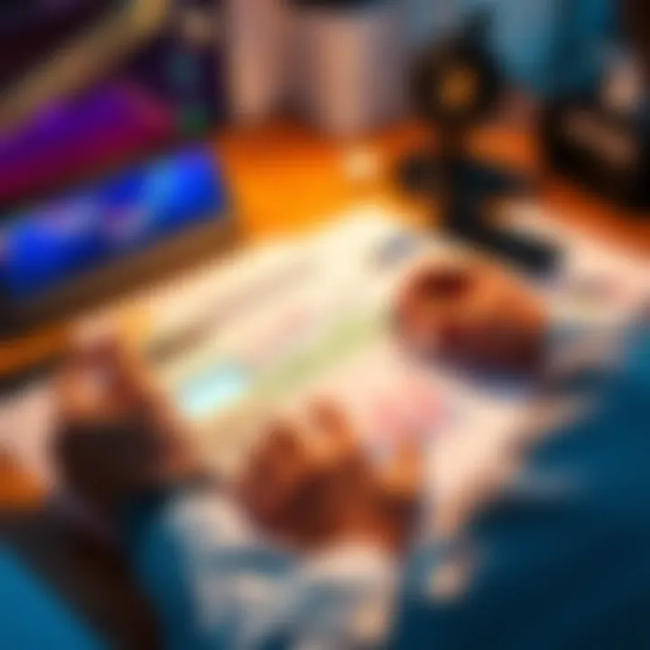 A person analyzing Bitcoin price trends and investment strategies with a calculator and charts on a desk