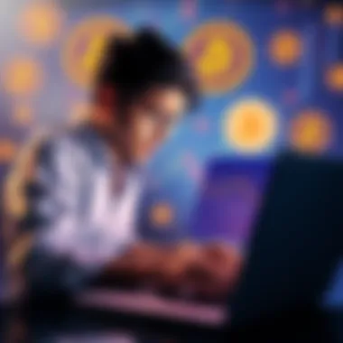 A person looking distressed while checking a cryptocurrency graph on a laptop, with Bitcoin symbols visible in the background.
