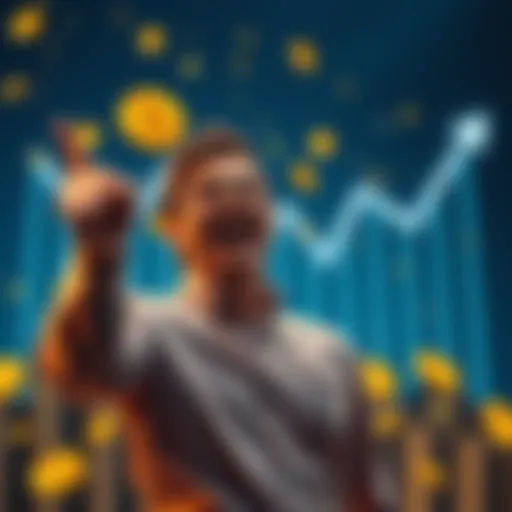 A person celebrating their Bitcoin investment success with a graph showing upward movement and Bitcoin coins in the background.