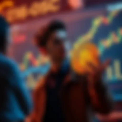 A person discussing Bitcoin investment options with a friend, with a price chart in the background showing a rise in value