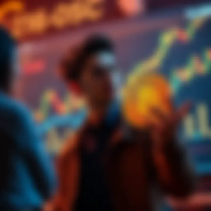 A person discussing Bitcoin investment options with a friend, with a price chart in the background showing a rise in value