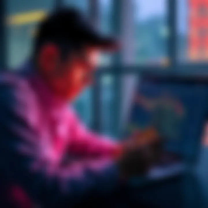 A person looks thoughtfully at a laptop displaying Bitcoin charts with cash beside them, contemplating investing their winnings.