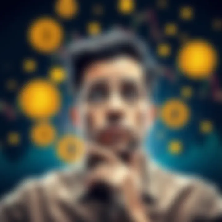 A person contemplating investing savings in Bitcoin with a worried expression, surrounded by Bitcoin symbols and charts showing price fluctuations.