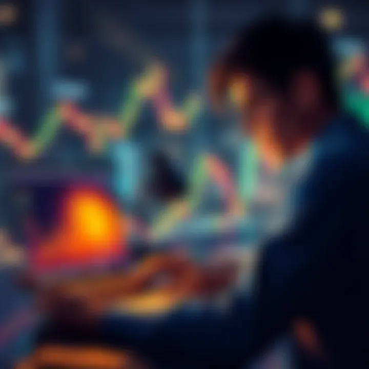 A curious beginner looking at Bitcoin charts on a laptop, pondering over potential profits and risks in cryptocurrency investing.