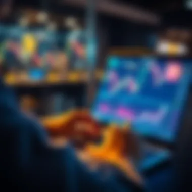 A person calculating monthly Bitcoin investments with a laptop and cryptocurrency charts visible on the screen.