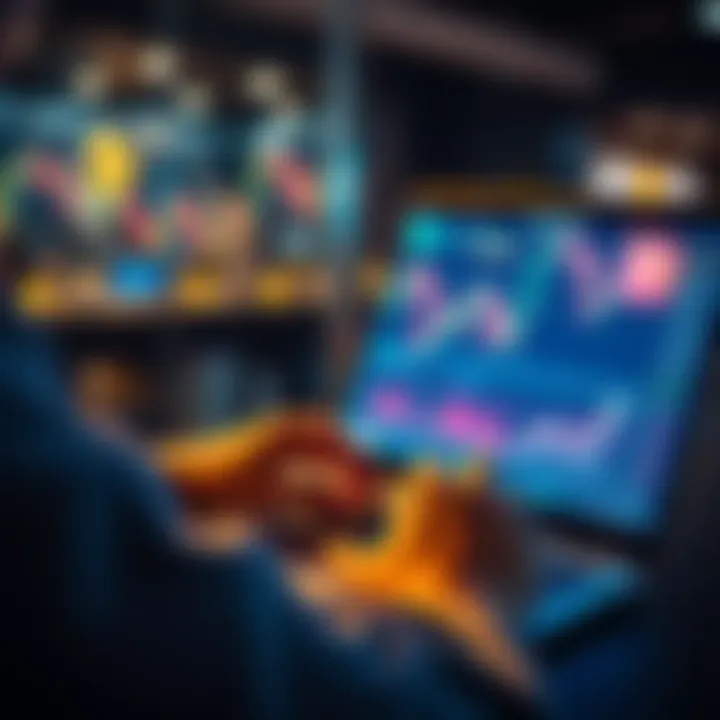 A person calculating monthly Bitcoin investments with a laptop and cryptocurrency charts visible on the screen.