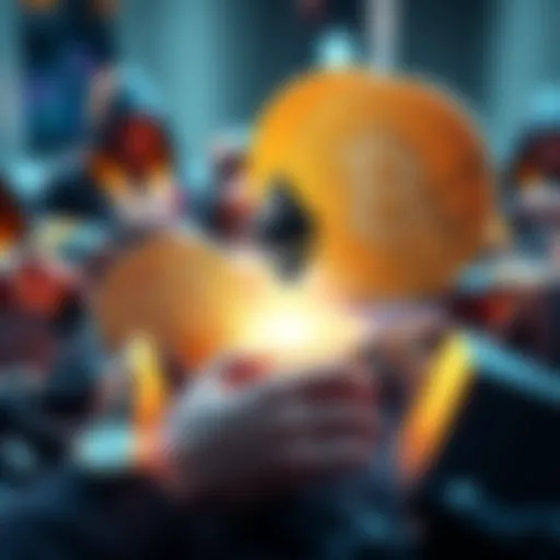 A graphic showing a Bitcoin investor making a significant investment in Ethereum, with symbols of Bitcoin and Ethereum and a visual representation of leverage in finance.