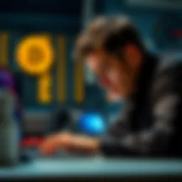 A frustrated Bitcoin investor examines a price graph on a laptop, contemplating their decision to sell or hold, with a sad expression on their face.