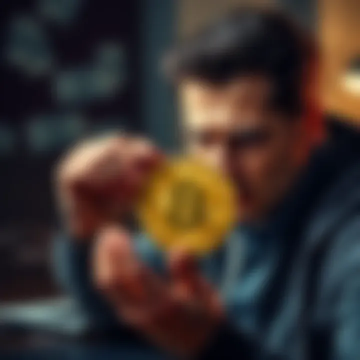 Bitcoin investor weighing options A person looking worried while holding a Bitcoin coin, with bills and a laptop in the background, symbolizing financial stress