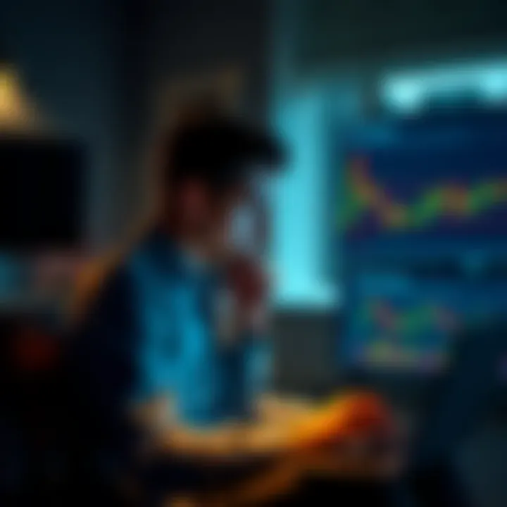 A thoughtful person sitting in a room with a laptop, looking at Bitcoin charts with a contemplative expression, representing the emotional journey of trading.