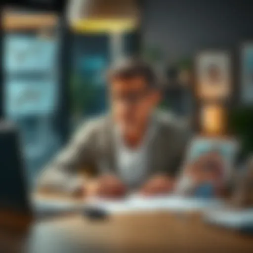 A seasoned Bitcoin investor sitting at a table, looking thoughtfully at financial charts and a family photo, expressing concern for the future during a market downturn.