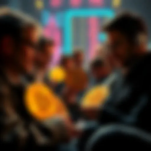 A group of Bitcoin investors calmly discussing strategies while holding Bitcoin coins, showing no signs of panic