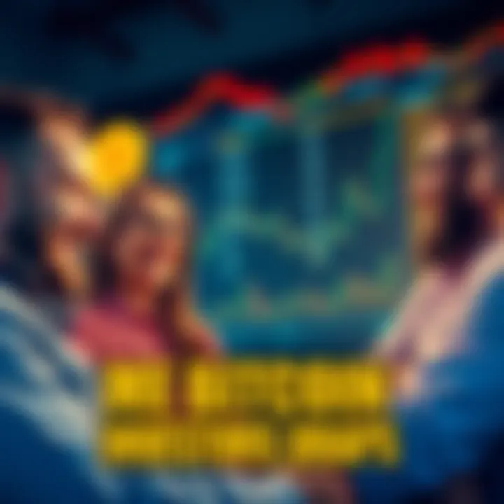 Group of happy investors looking at Bitcoin charts showing a price drop, smiling and discussing opportunities