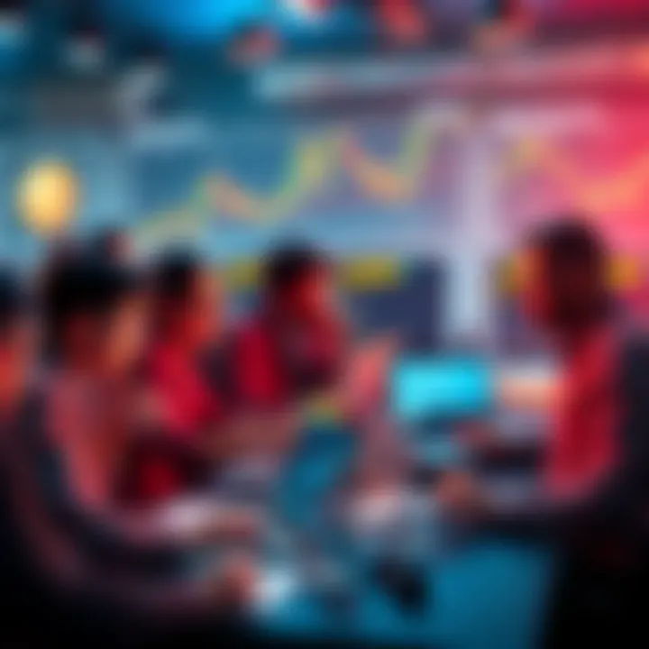 Bitcoin Investors Analyzing Market Trends Group of traders discussing Bitcoin price trends at a table with charts and laptops