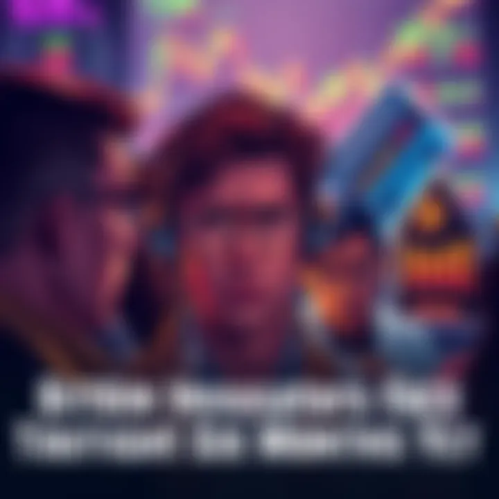 A group of people anxiously discussing Bitcoin prices with charts showing lows in the background