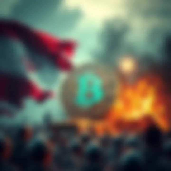 Graphic showing Bitcoin symbol with Iranian flags and imagery of conflict