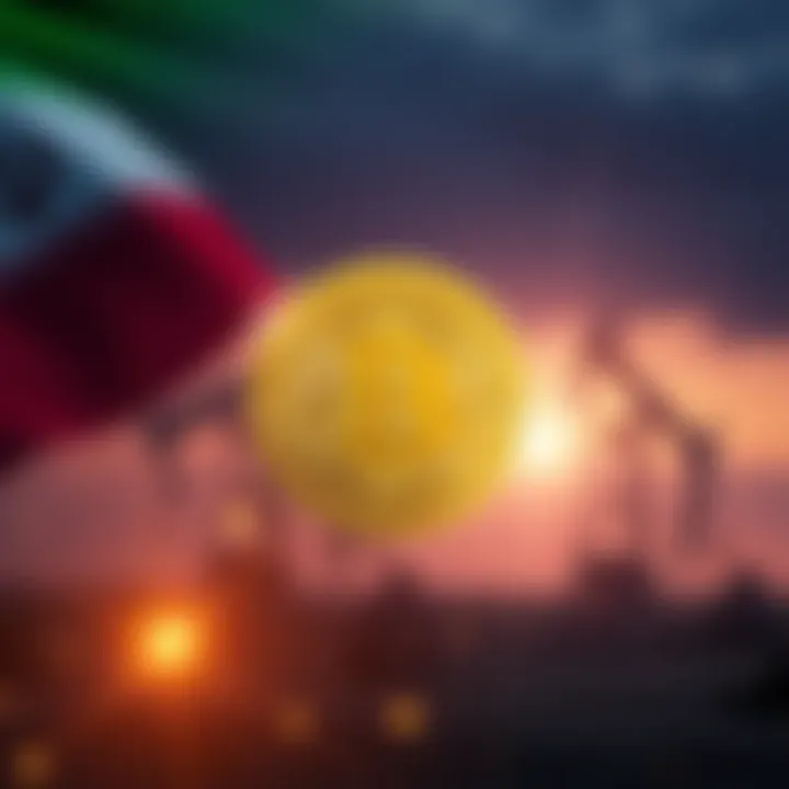 Illustration of Bitcoin symbol with oil rigs in the background, symbolizing Iran's energy reserves and potential impact on Bitcoin's value.