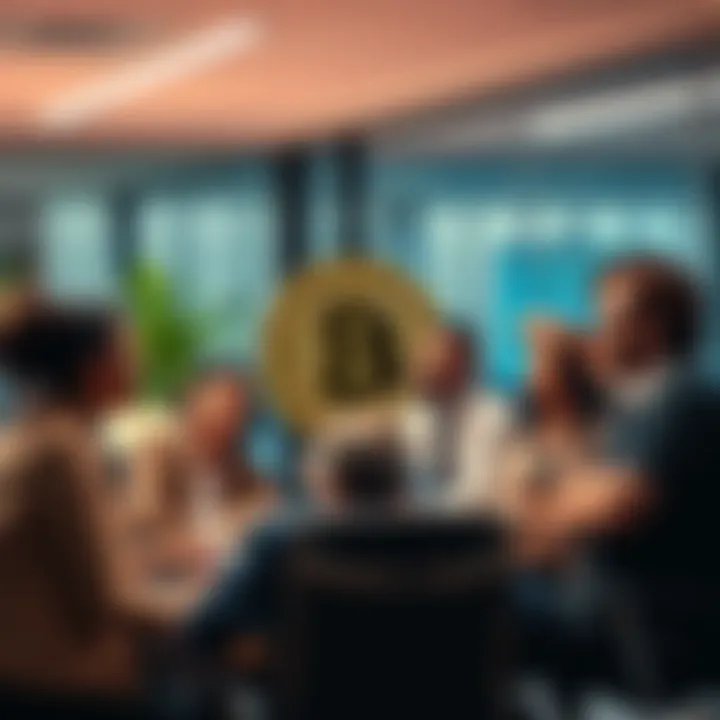 A diverse group of professionals discussing cryptocurrency opportunities in a modern office setting, symbolizing the hiring boom for Bitcoin-related roles