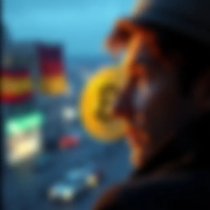 A person looking at a Bitcoin symbol while contemplating future living standards in Germany, USA, and Spain.