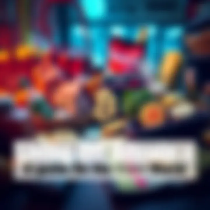 A visual representation of everyday transactions using Bitcoin, featuring digital wallets and cryptocurrency symbols among everyday items like groceries and bills