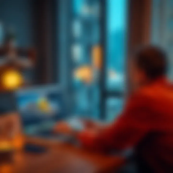 Bitcoin-backed loan for apartment A person discussing a bitcoin-backed loan while looking at apartment listings on a laptop, with a bitcoin symbol on the screen.