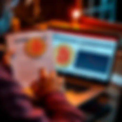 A person comparing different bitcoin loan providers on a laptop with loan documents and a bitcoin symbol in view