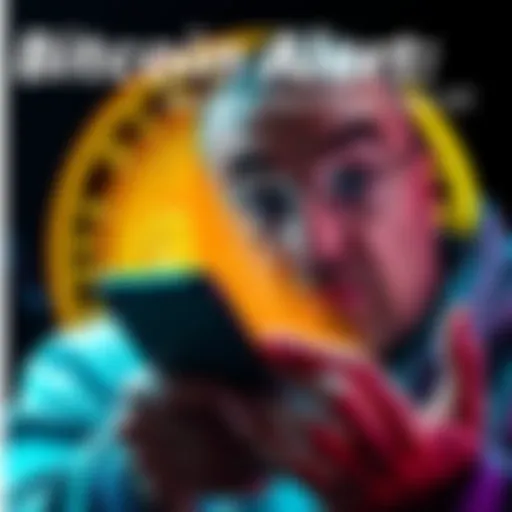 A concerned investor examining the Bitcoin logo with a worried expression while holding a smartphone showing a price chart