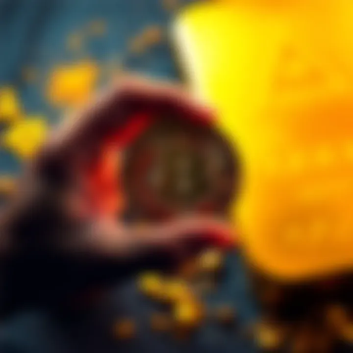 A person holding a Bitcoin coin with a backdrop of a gold bar, symbolizing different investment views on Bitcoin and gold.