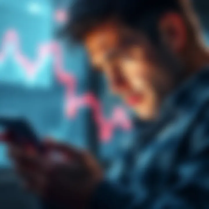 An investor looking worried while checking their Bitcoin investment on a smartphone, with a downward trend graph in the background.