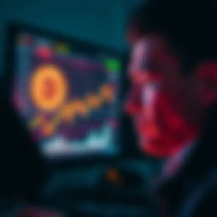A person looking at financial charts on a screen, showing a downward trend in Bitcoin investment, with a concerned expression.