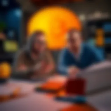 Two friends discussing a Bitcoin lottery mining plan with charts and a calculator on a table