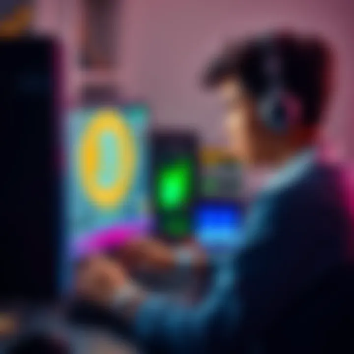 A person setting up a Bitcoin lottery mining rig with a computer and mining equipment