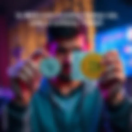 A person holding a lottery ticket in one hand and a Bitcoin symbol in the other, looking disappointed as prices drop