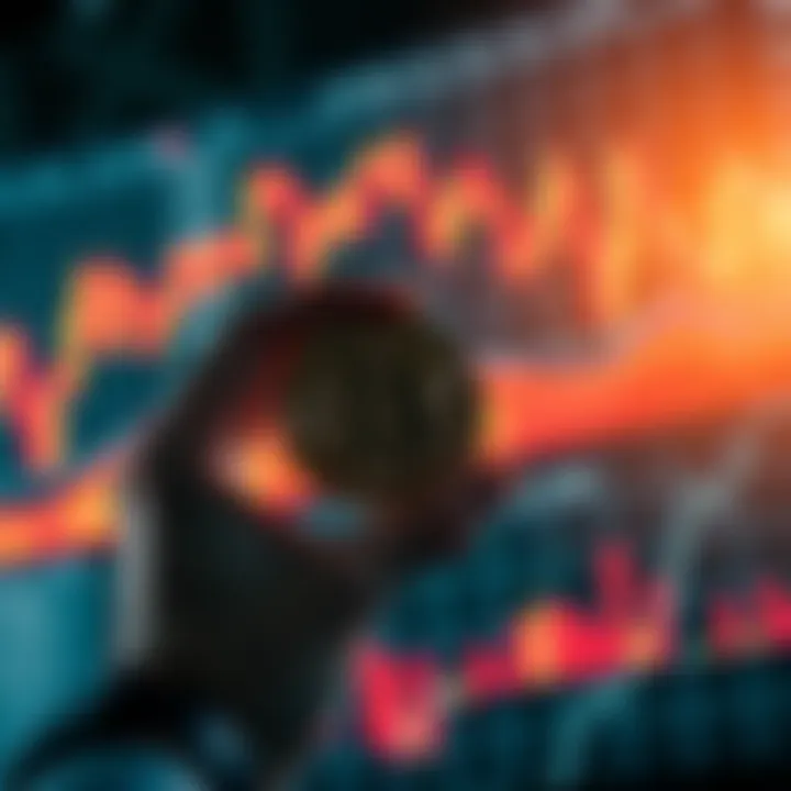 A person holding a Bitcoin symbol while looking at a stock market graph showing fluctuations, illustrating the importance of sticking with Bitcoin during market challenges.