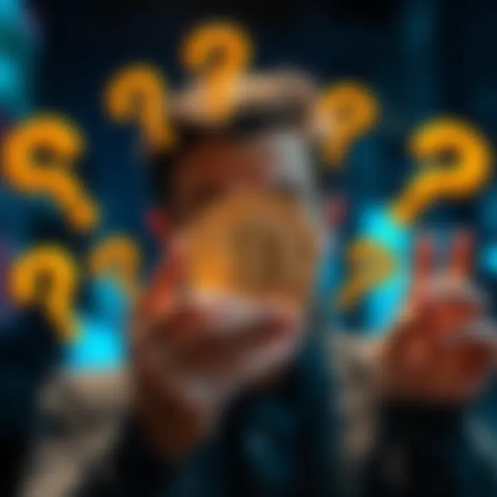 Bitcoin Manipulation A person looking confused while holding a Bitcoin symbol surrounded by question marks, representing financial uncertainty and manipulation.