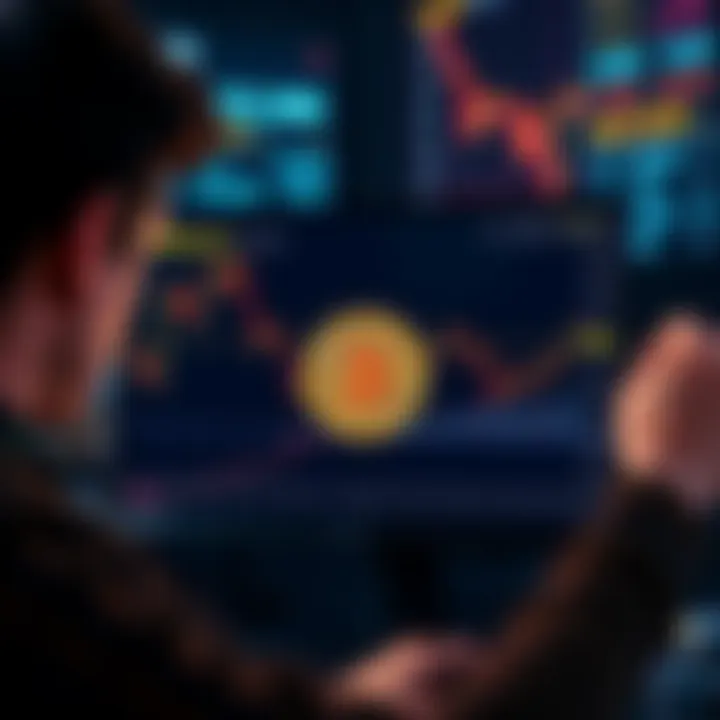 A visual representation of Bitcoin prices fluctuating, showing a downward trend with a worried person looking at a graph on a computer screen.