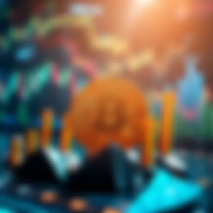 Illustration showing Bitcoin symbol with upward arrows and market cap graphics in the background.