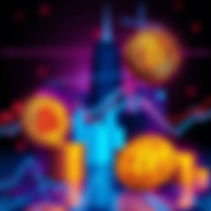 Illustration showing Bitcoin coins with fluctuating graphs and institutional building silhouettes in the background, representing market dynamics in 2026.