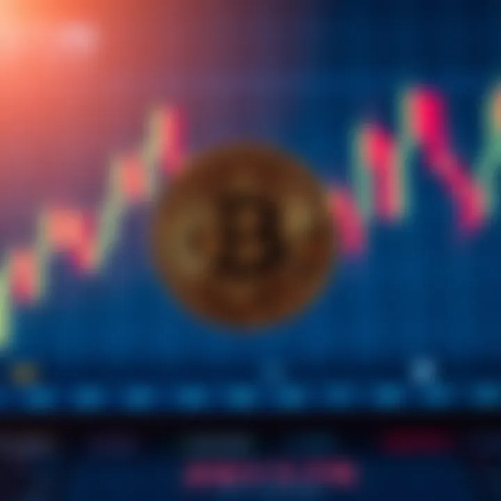Bitcoin symbol against market chart A Bitcoin symbol stands prominently in front of a fluctuating market chart, representing market volatility and the importance of holding Bitcoin. People are encouraged to be patient and stay invested.