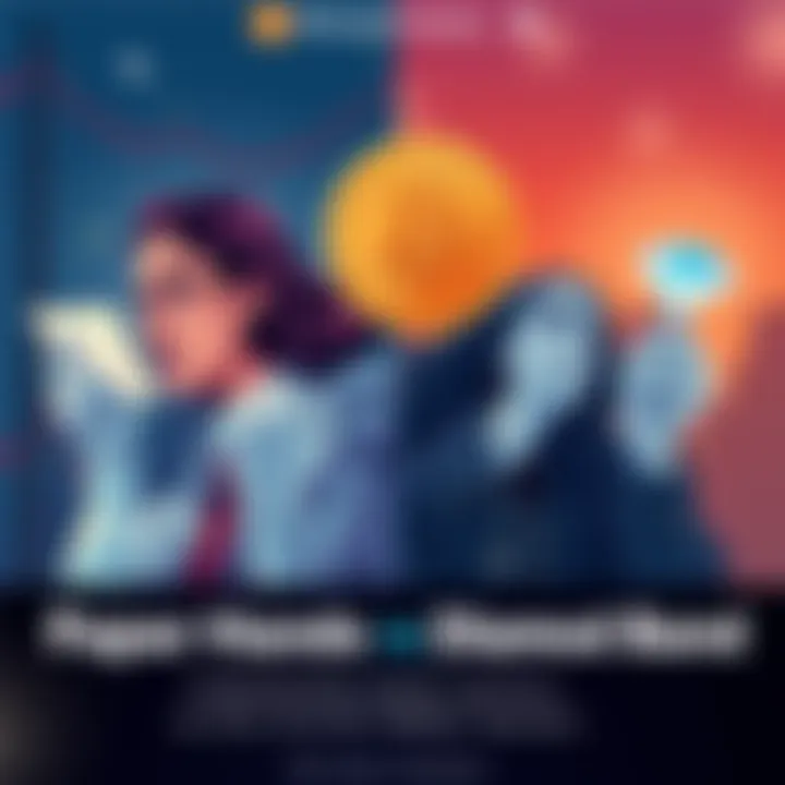 Illustration showing two groups of investors: one anxious and selling quickly, representing paper hands, and another calm and holding their investments, representing diamond hands, with a Bitcoin symb...