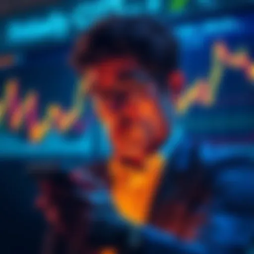 A worried investor looking at a Bitcoin price chart showing fluctuations, reflecting market volatility.