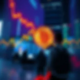 A visual showing a downward trend in Bitcoin prices with worried investors looking on.