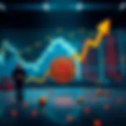 A graph showing Bitcoin's price dropping amidst rising stock prices, with symbols of financial distress like arrows pointing down and worried investors in the background.