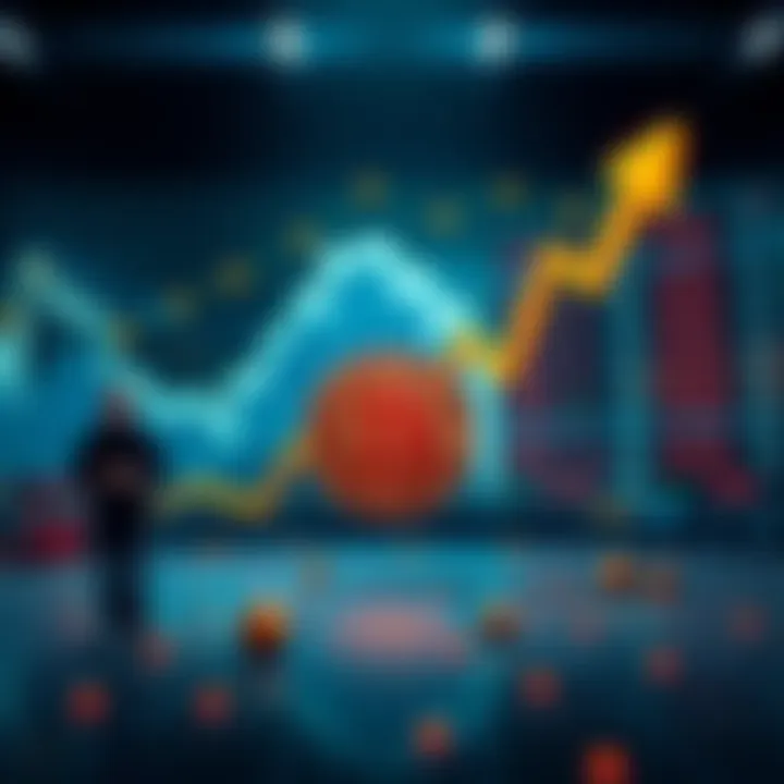 A graph showing Bitcoin's price dropping amidst rising stock prices, with symbols of financial distress like arrows pointing down and worried investors in the background.