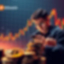 A graph showing a downward trend representing Bitcoin's market dip, with a worried investor looking at their phone, surrounded by coins and charts.
