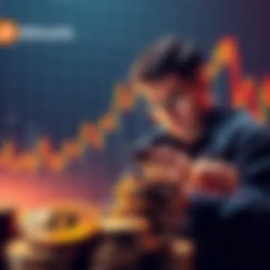 A graph showing a downward trend representing Bitcoin's market dip, with a worried investor looking at their phone, surrounded by coins and charts.
