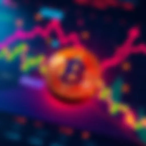A visual representation of Bitcoin's fluctuating market value, showing graphs and arrows indicating rising and falling trends in the cryptocurrency market.